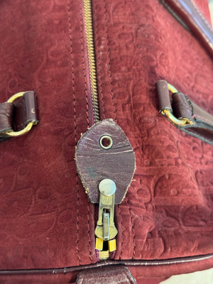 Vintage Christian Dior Boston 30 Burgundy embossed red monogram medium suede mini duffle leather handles lock detail