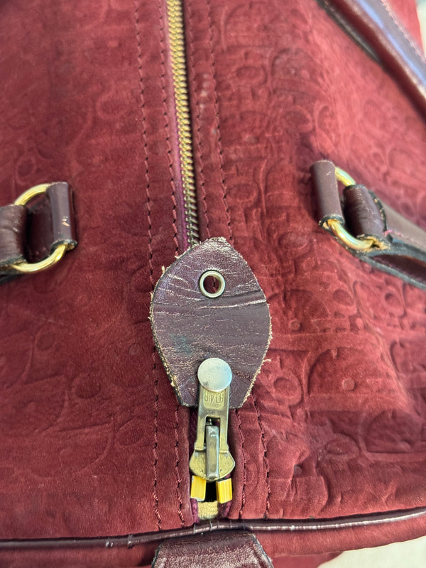 Vintage Christian Dior Boston 30 Burgundy embossed red monogram medium suede mini duffle leather handles lock detail