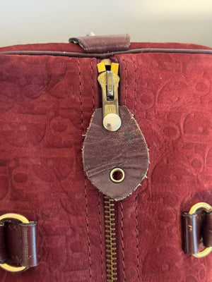 Vintage Christian Dior Boston 30 Burgundy embossed red monogram medium suede mini duffle leather handles lock detail