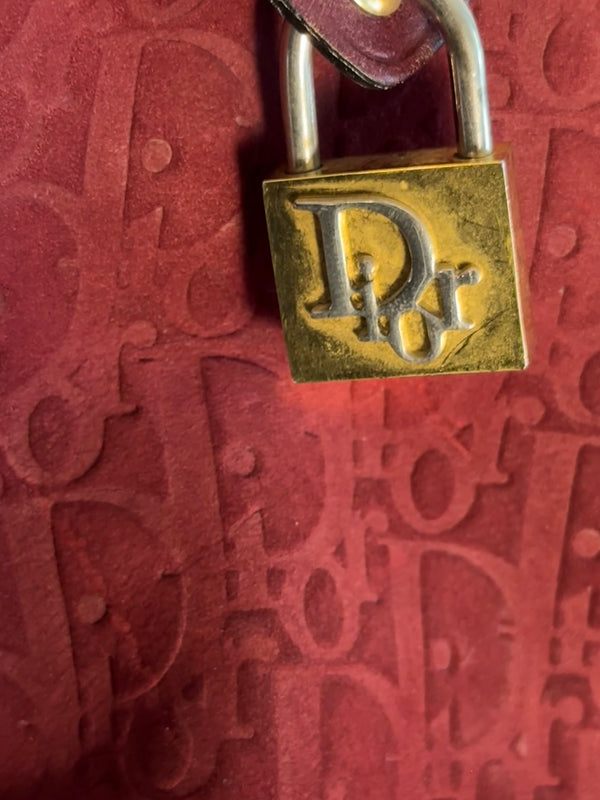 Vintage Christian Dior Boston 30 Burgundy embossed red monogram medium suede mini duffle leather handles lock detail