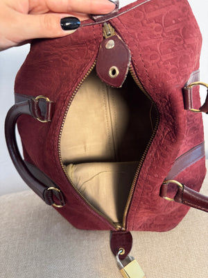 Vintage Christian Dior Boston 30 Burgundy embossed red monogram medium suede mini duffle leather handles lock detail