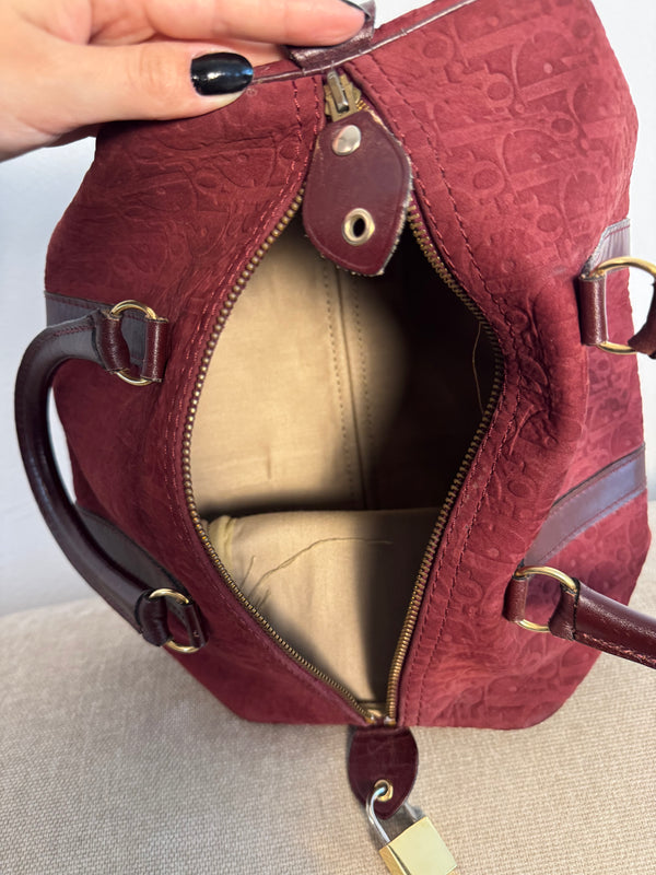 Vintage Christian Dior Boston 30 Burgundy embossed red monogram medium suede mini duffle leather handles lock detail