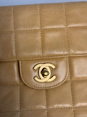 Chanel Vintage CC cocomark East West Chocolate Bar Flap Bag Beige Cream Leather Lambskin 24K Gold Hardware Karl Lagerfeld Shoulder Bag