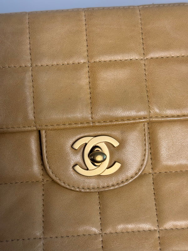 Chanel Vintage CC cocomark East West Chocolate Bar Flap Bag Beige Cream Leather Lambskin 24K Gold Hardware Karl Lagerfeld Shoulder Bag