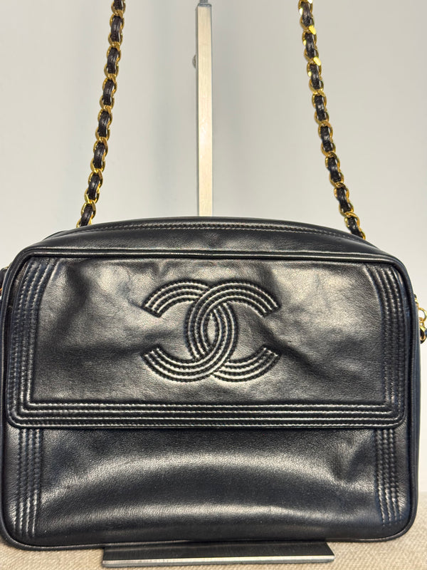Chanel Vintage CC cocomark Camera Bag Black Leather Lambskin 24K Gold Hardware Karl Lagerfeld Tassel