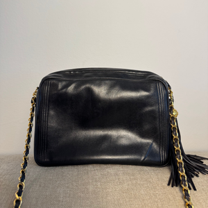 Chanel Vintage CC cocomark Camera Bag Black Leather Lambskin 24K Gold Hardware Karl Lagerfeld Tassel
