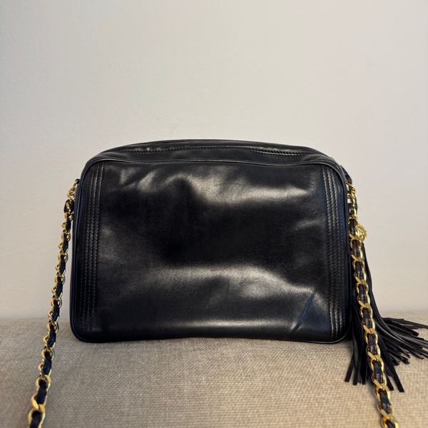 Chanel Vintage CC cocomark Camera Bag Black Leather Lambskin 24K Gold Hardware Karl Lagerfeld Tassel