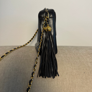 Chanel Vintage CC cocomark Camera Bag Black Leather Lambskin 24K Gold Hardware Karl Lagerfeld Tassel