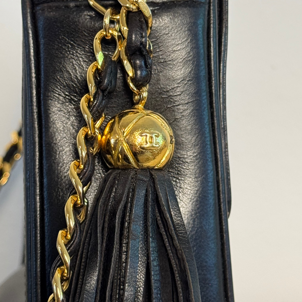 Chanel Vintage CC cocomark Camera Bag Black Leather Lambskin 24K Gold Hardware Karl Lagerfeld Tassel