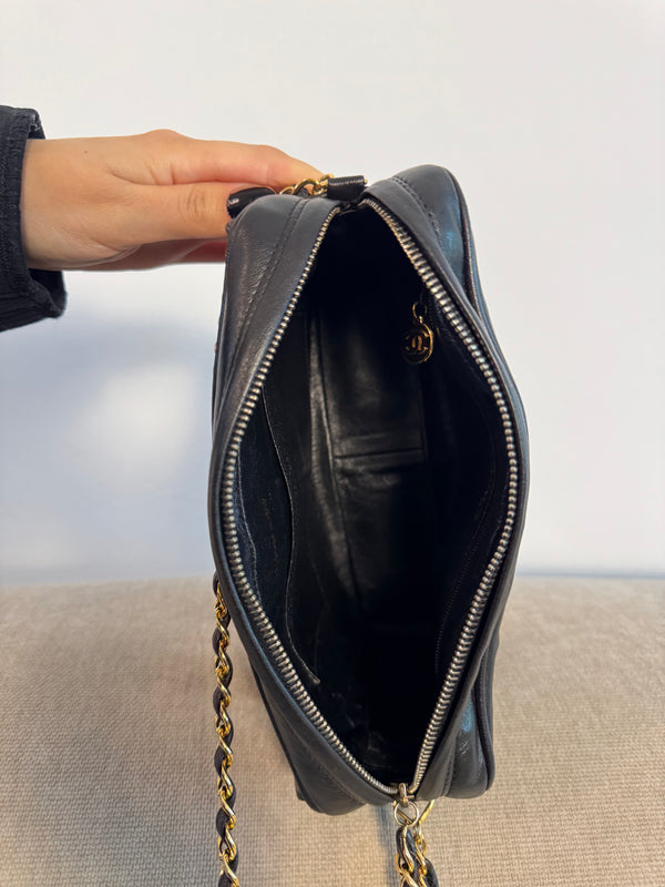Chanel Vintage CC cocomark Camera Bag Black Leather Lambskin 24K Gold Hardware Karl Lagerfeld Tassel