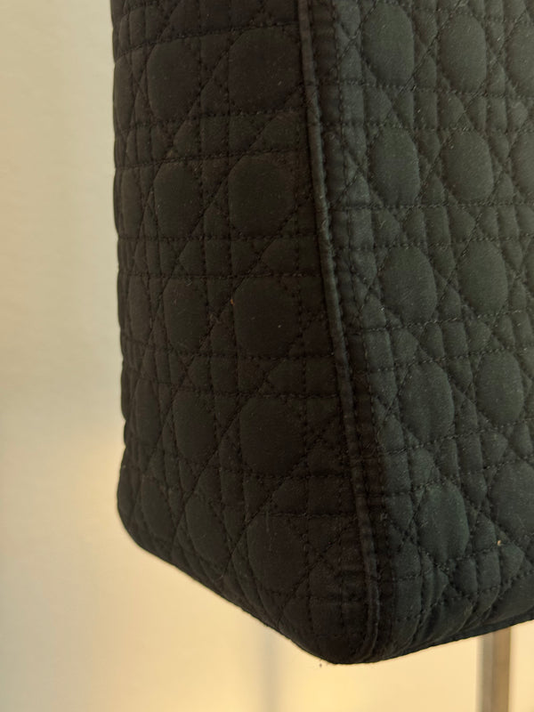 Vintage Christian Dior Lady Dior Cannage Black Nylon Leather Quilted Women’s Bag Purse Nylon Gold charm detailing red lining