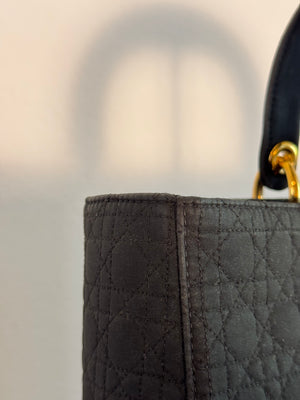 Vintage Christian Dior Lady Dior Cannage Black Nylon Leather Quilted Women’s Bag Purse Nylon Gold charm detailing red lining