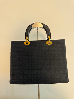 Vintage Christian Dior Lady Dior Cannage Black Nylon Leather Quilted Women’s Bag Purse Nylon Gold charm detailing red lining