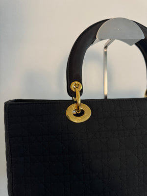 Vintage Christian Dior Lady Dior Cannage Black Nylon Leather Quilted Women’s Bag Purse Nylon Gold charm detailing red lining
