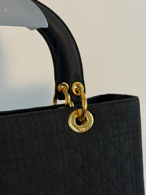 Vintage Christian Dior Lady Dior Cannage Black Nylon Leather Quilted Women’s Bag Purse Nylon Gold charm detailing red lining
