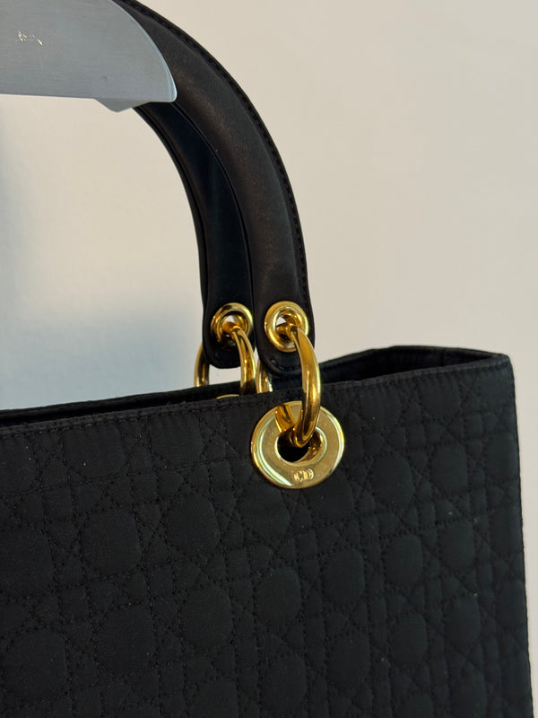 Vintage Christian Dior Lady Dior Cannage Black Nylon Leather Quilted Women’s Bag Purse Nylon Gold charm detailing red lining