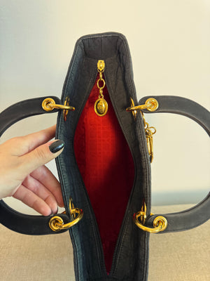 Vintage Christian Dior Lady Dior Cannage Black Nylon Leather Quilted Women’s Bag Purse Nylon Gold charm detailing red lining