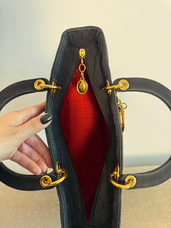 Vintage Christian Dior Lady Dior Cannage Black Nylon Leather Quilted Women’s Bag Purse Nylon Gold charm detailing red lining
