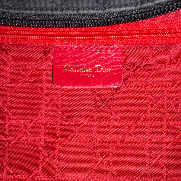 Vintage Christian Dior Lady Dior Cannage Black Nylon Leather Quilted Women’s Bag Purse Nylon Gold charm detailing red lining