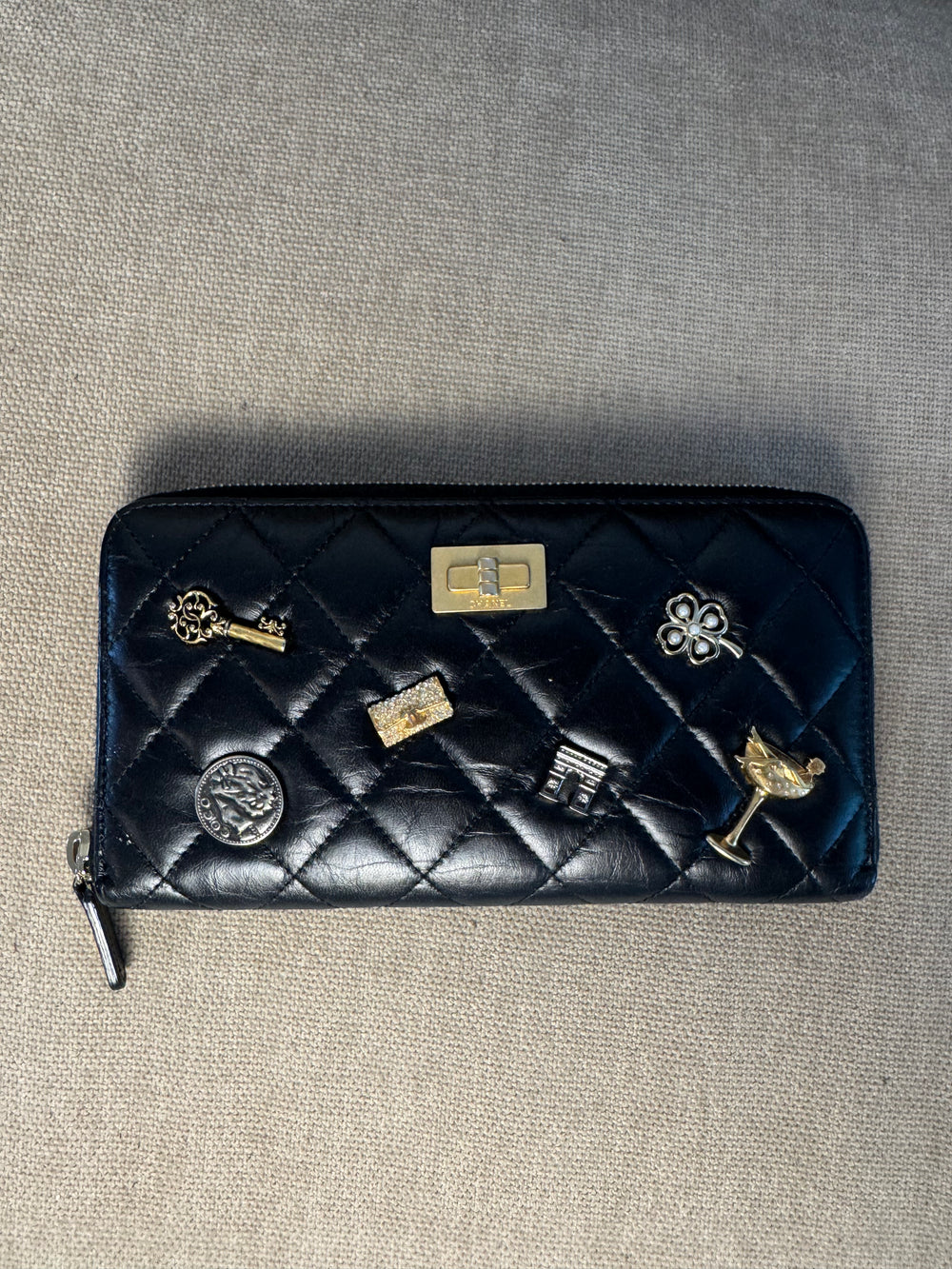 Chanel Lucky Charms Reissue 2.55 Zippy Purse Wallet Quilted Aged Calfskin Long CC Coco Mark Vintage