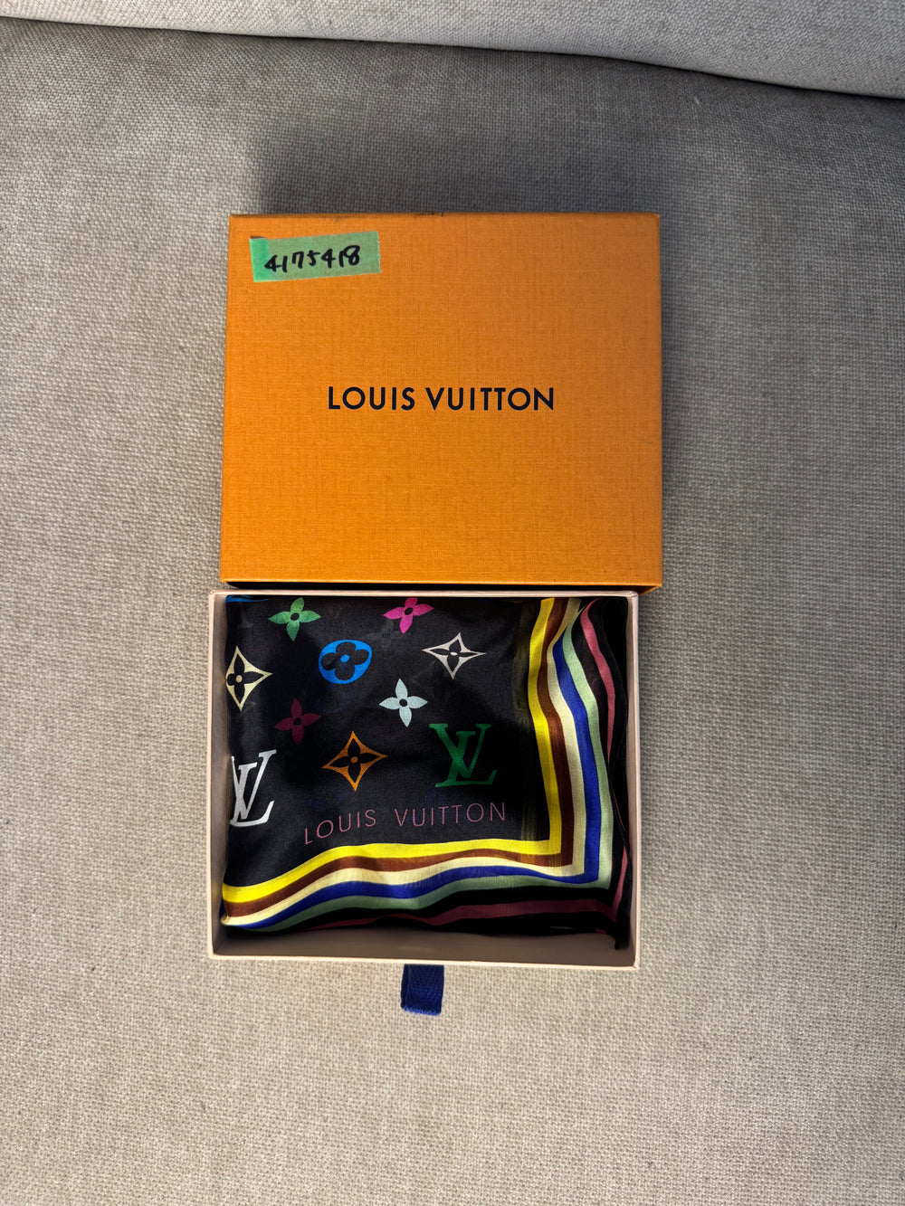 Louis Vuitton LV x Takashi Murakami 2003 Silk Limited Edition collection multicolour black rainbow square scarf monogram LV print with box