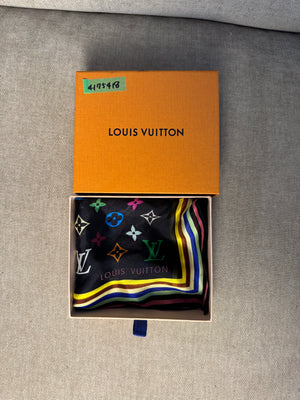 Louis Vuitton LV x Takashi Murakami 2003 Silk Limited Edition collection multicolour black rainbow square scarf monogram LV print with box