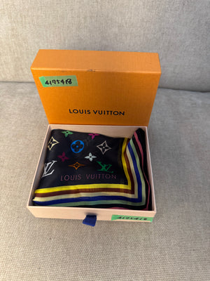 Louis Vuitton LV x Takashi Murakami 2003 Silk Limited Edition collection multicolour black rainbow square scarf monogram LV print with box
