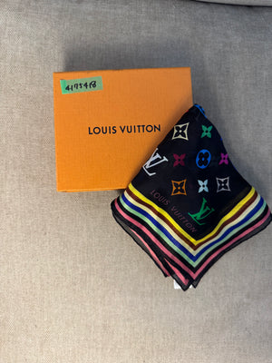 Louis Vuitton LV x Takashi Murakami 2003 Silk Limited Edition collection multicolour black rainbow square scarf monogram LV print with box