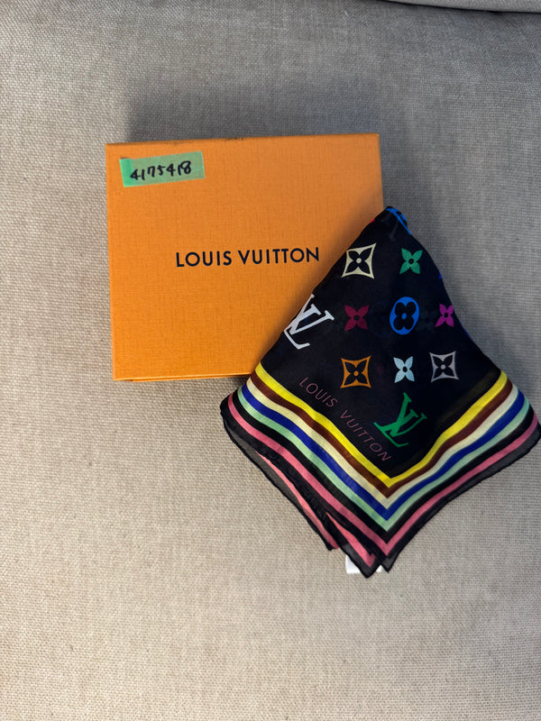 Louis Vuitton LV x Takashi Murakami 2003 Silk Limited Edition collection multicolour black rainbow square scarf monogram LV print with box