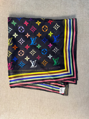 Louis Vuitton LV x Takashi Murakami 2003 Silk Limited Edition collection multicolour black rainbow square scarf monogram LV print with box