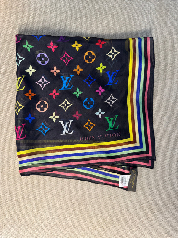 Louis Vuitton LV x Takashi Murakami 2003 Silk Limited Edition collection multicolour black rainbow square scarf monogram LV print with box