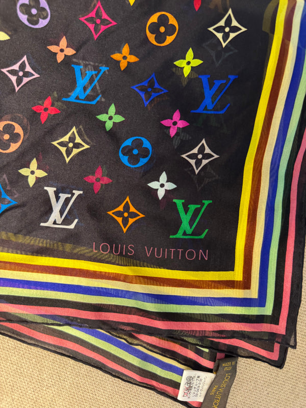 Louis Vuitton LV x Takashi Murakami 2003 Silk Limited Edition collection multicolour black rainbow square scarf monogram LV print with box