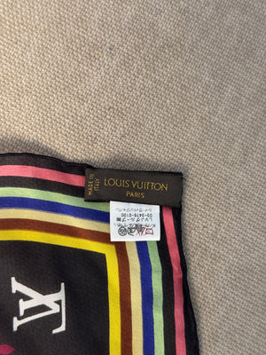 Louis Vuitton LV x Takashi Murakami 2003 Silk Limited Edition collection multicolour black rainbow square scarf monogram LV print with box