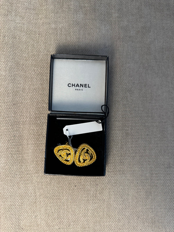 Chanel Gold Plated CC logo Coco Mark Iconic Vintage Medallion Charm Statement Piece Earring Set Clip On