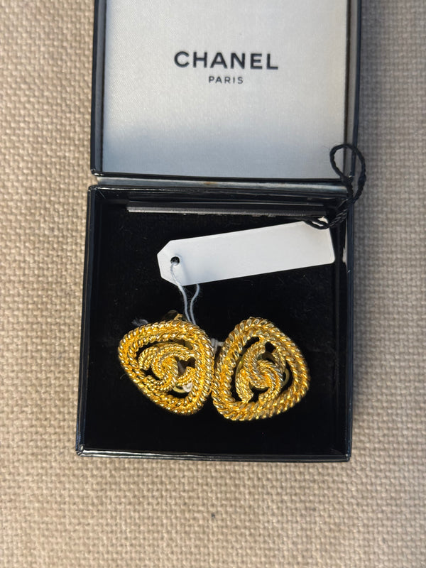 Chanel Gold Plated CC logo Coco Mark Iconic Vintage Medallion Charm Statement Piece Earring Set Clip On