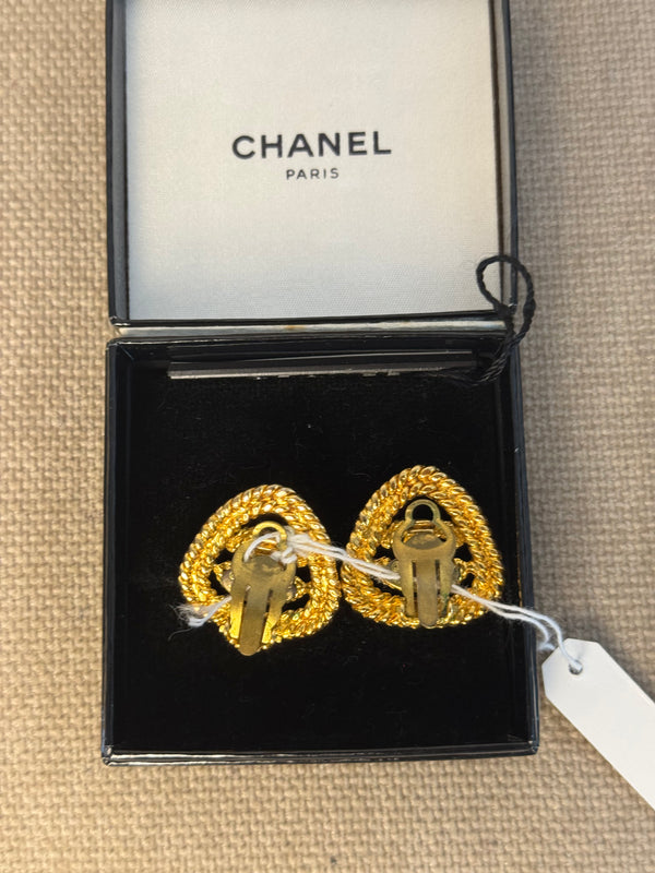 Chanel Gold Plated CC logo Coco Mark Iconic Vintage Medallion Charm Statement Piece Earring Set Clip On