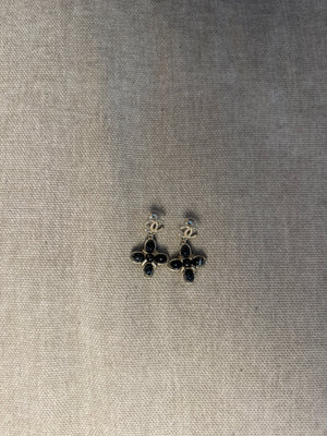 Chanel Silver CC textured logo Abstract Shape Coco Mark Iconic Vintage Dangle Charm Statement Piece Earring Set Black