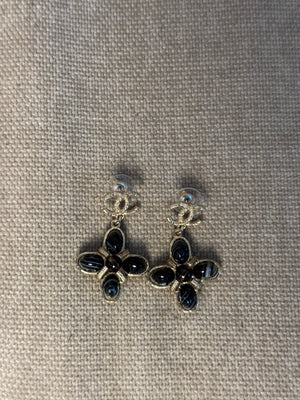 Chanel Silver CC textured logo Abstract Shape Coco Mark Iconic Vintage Dangle Charm Statement Piece Earring Set Black