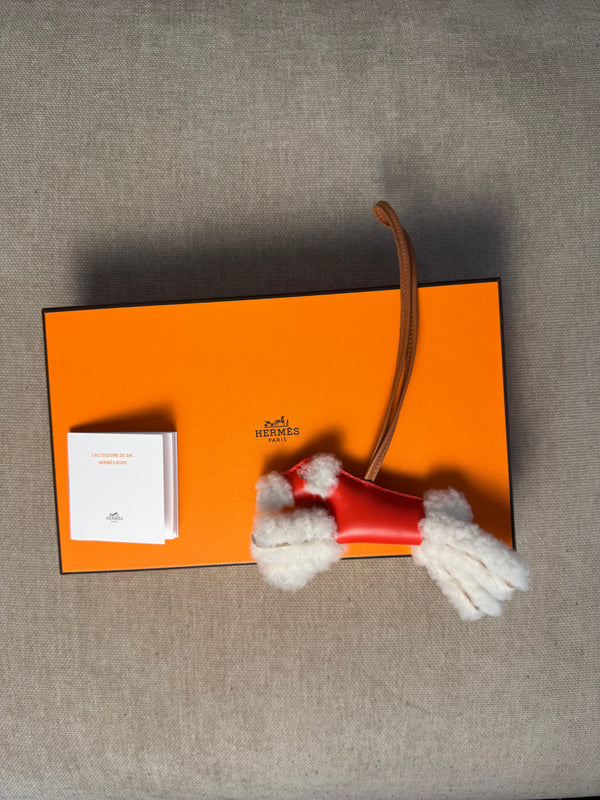 Hermes Milo Lambskin Shearling Budy Dog Charm Capucine Ecru Gold Bag charm trinket key chain full set