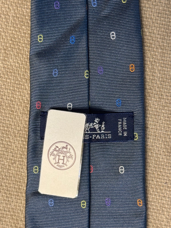 New Hermes Tie 7 Maillons Multicolores Blue graphic detailing silk adjustable tie mens with Tags