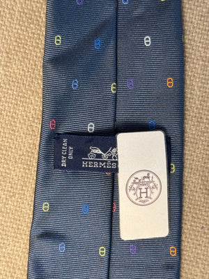 New Hermes Tie 7 Maillons Multicolores Blue graphic detailing silk adjustable tie mens with Tags