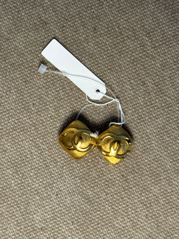 Chanel Gold Plated CC logo Diamond Shape Coco Mark Iconic Vintage Medallion Charm Statement Piece Earring Set