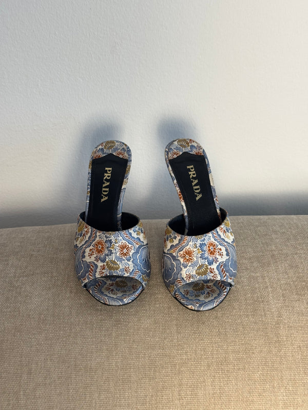 Prada Vintage Retro Floral Print Mules Multicolour Brocade Fabric Sloped Heeled Open Toe Sandal