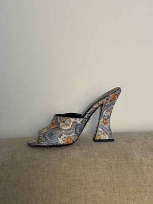 Prada Vintage Retro Floral Print Mules Multicolour Brocade Fabric Sloped Heeled Open Toe Sandal