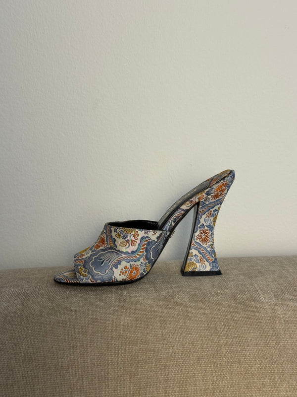 Prada Vintage Retro Floral Print Mules Multicolour Brocade Fabric Sloped Heeled Open Toe Sandal