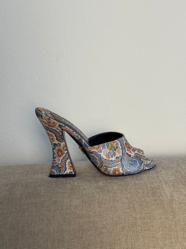 Prada Vintage Retro Floral Print Mules Multicolour Brocade Fabric Sloped Heeled Open Toe Sandal
