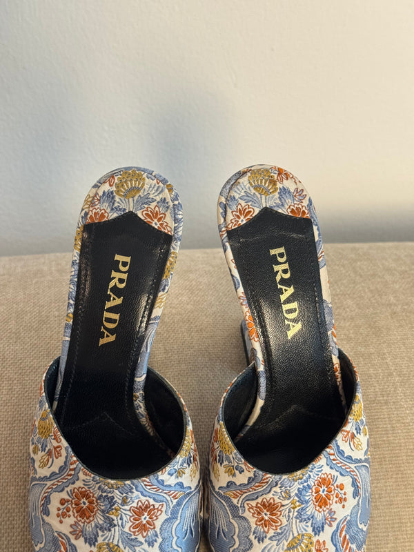 Prada Vintage Retro Floral Print Mules Multicolour Brocade Fabric Sloped Heeled Open Toe Sandal