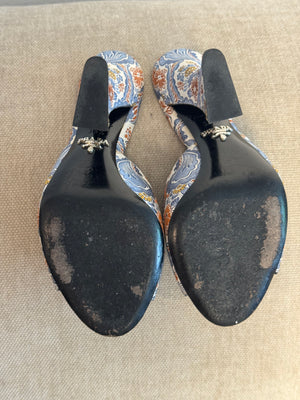 Prada Vintage Retro Floral Print Mules Multicolour Brocade Fabric Sloped Heeled Open Toe Sandal