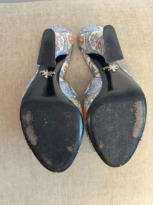 Prada Vintage Retro Floral Print Mules Multicolour Brocade Fabric Sloped Heeled Open Toe Sandal