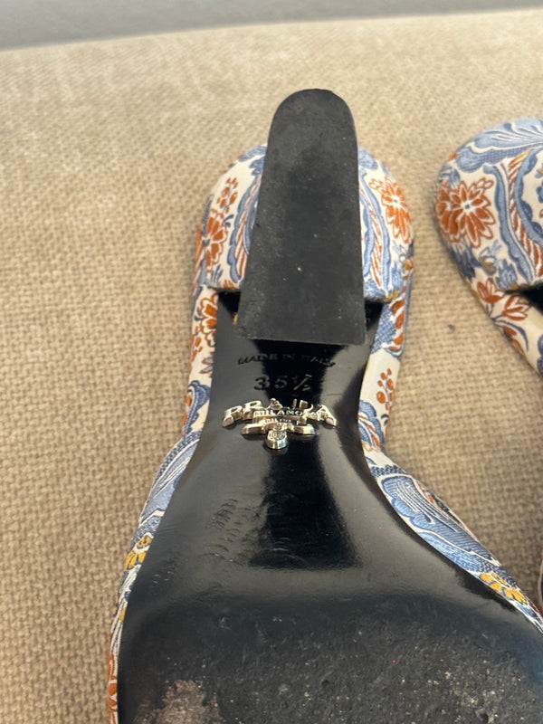 Prada Vintage Retro Floral Print Mules Multicolour Brocade Fabric Sloped Heeled Open Toe Sandal